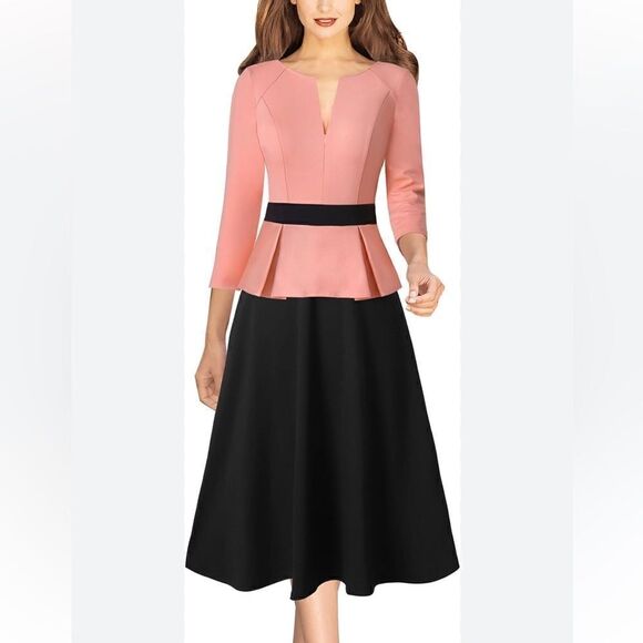 VFSHOW Zipper Front Color Block Peplum Flared Midi Dress for Work Business - Picture 1 of 14